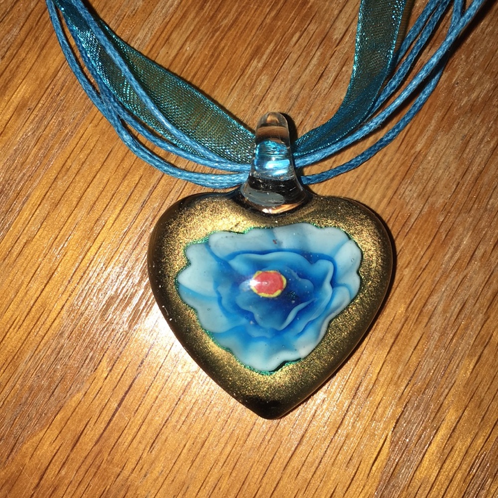 Hand blown glass Heart Pendant - Blue Flower